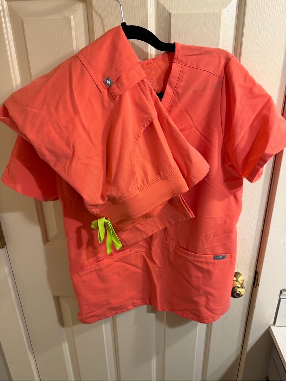 FIGS Coral Tunic Scrub Top with Neon Yellow Drawstring